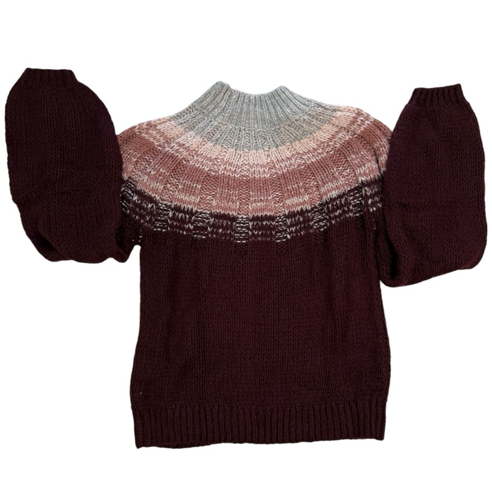 Abercrombie & Fitch Mock Neck Balloon Sleeve Sweater in Marroon/Gray/White - Picture 2 of 8